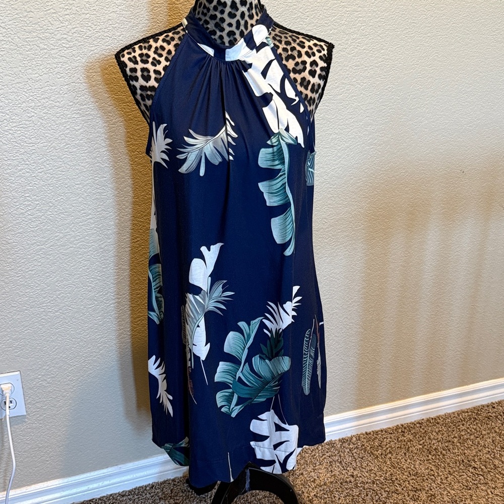 Elegant Navy Leaf Print Halter Dress